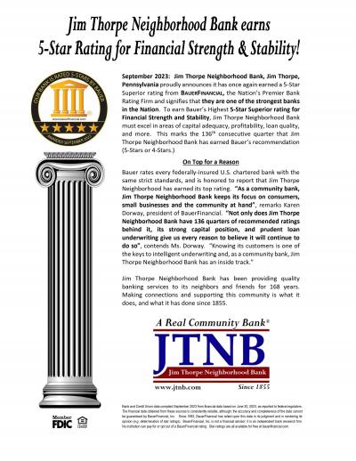 Jim Thorpe Neighborhood Bank earns 5-Star Rating for Financial Strength & Stability!