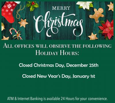 Merry Christmas from all of us at JTNB!  In celebration of Christmas, all JTNB offices will be closed on December 25th. In celebration of New Year's, all offices will be closed January 1st.  For your convenience, mobile, ATM, and online banking are available 24/7. Merry Christmas and Happy New Year!
